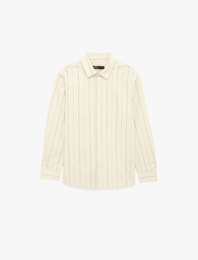 Klasik Yaka Regular Fit Pamuklu Cepli Çizgili Uzun Kollu Gömlek