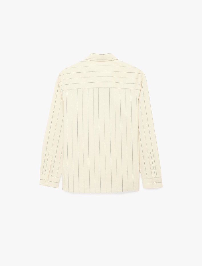  Klasik Yaka Regular Fit Pamuklu Cepli Çizgili Uzun Kollu Gömlek