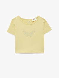 Kısa Kollu Bisiklet Yaka Taş Detaylı Bluz