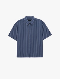 Rahat Kalıp Kısa Kollu Klasik Yaka Pamuklu Çizgili Gömlek