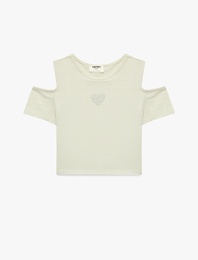 Bisiklet Yaka Kısa Kollu  Pencere Detaylı Kalp Baskılı Bluz