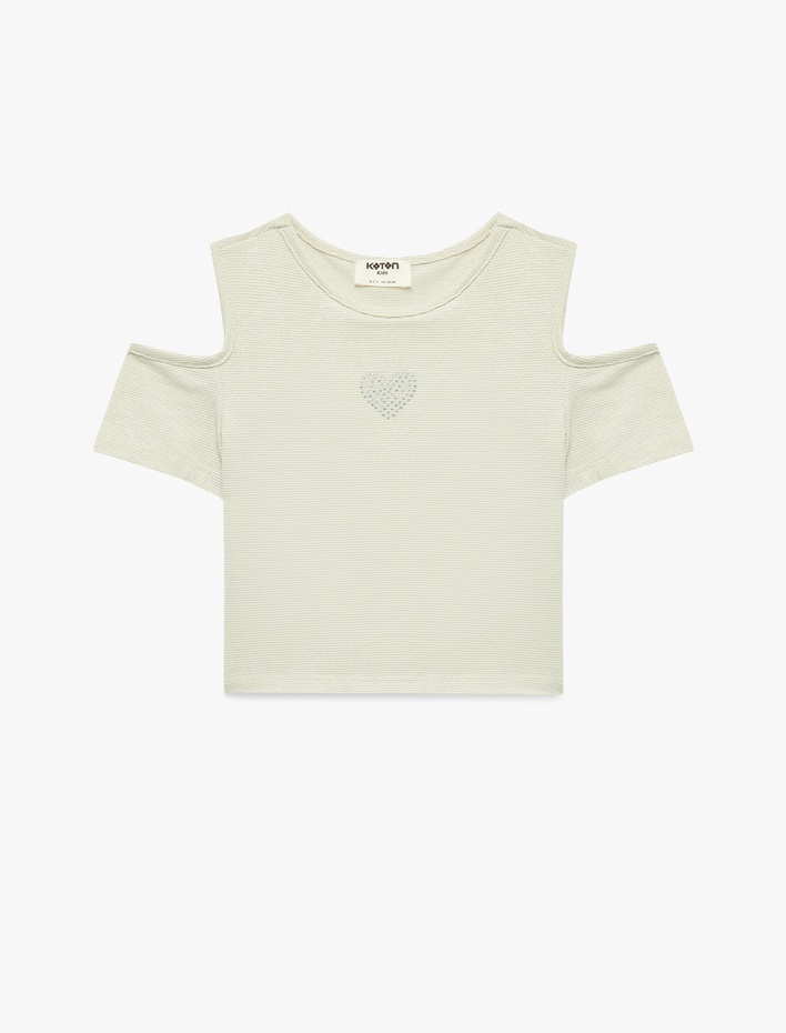 Kız Çocuk Bisiklet Yaka Kısa Kollu  Pencere Detaylı Kalp Baskılı Bluz