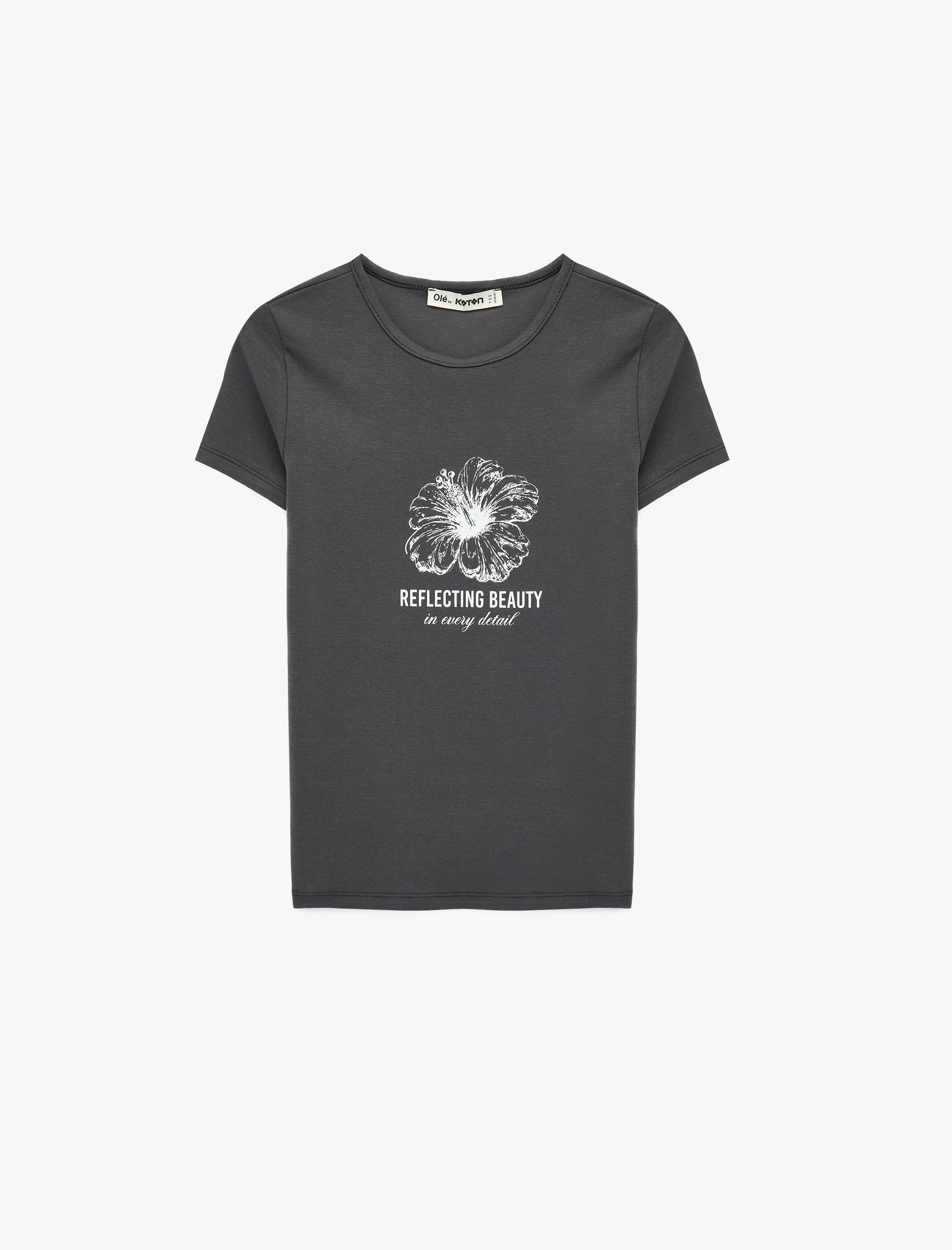   Slim Fit Kısa Kollu Bisiklet Yaka Pamuklu Hibiskus Baskılı Tişört