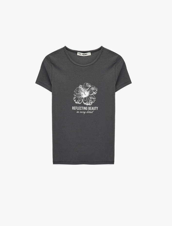  Slim Fit Kısa Kollu Bisiklet Yaka Pamuklu Hibiskus Baskılı Tişört