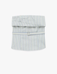 Kemer Detaylı Çizgili Straplez Crop Bluz