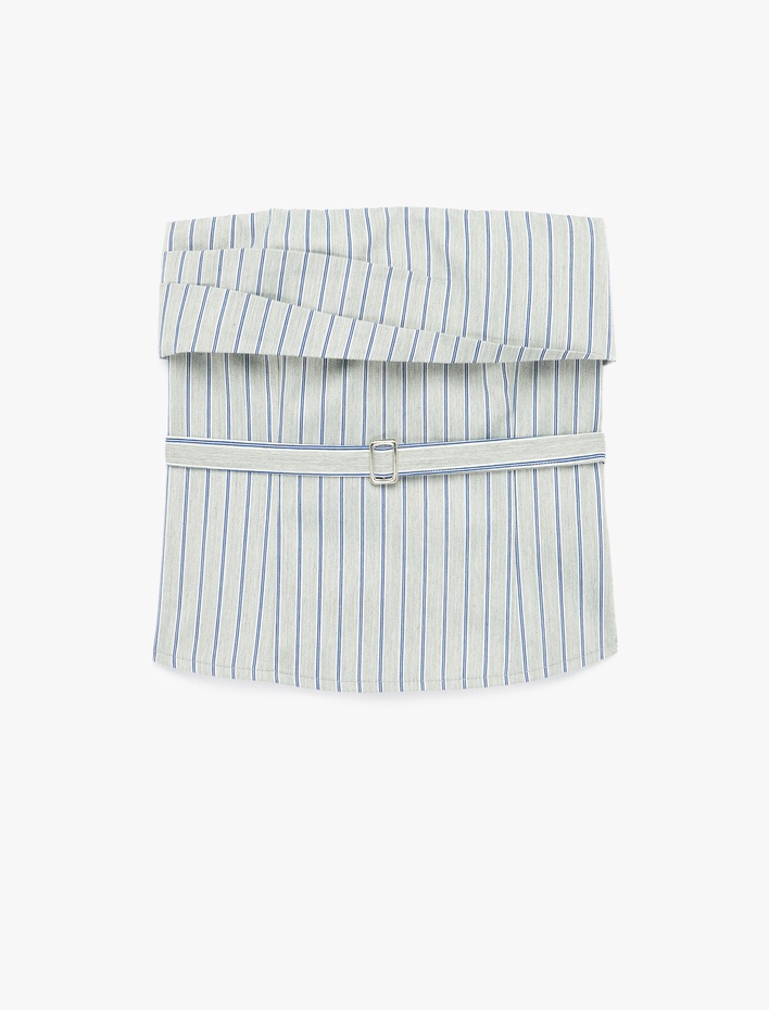  Kemer Detaylı Çizgili Straplez Crop Bluz