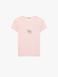 Slim Fit Kısa Kollu Bisiklet Yaka Köpek Nakışlı Tişört