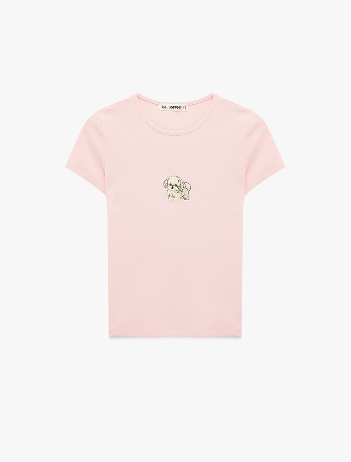  Slim Fit Kısa Kollu Bisiklet Yaka Köpek Nakışlı Tişört