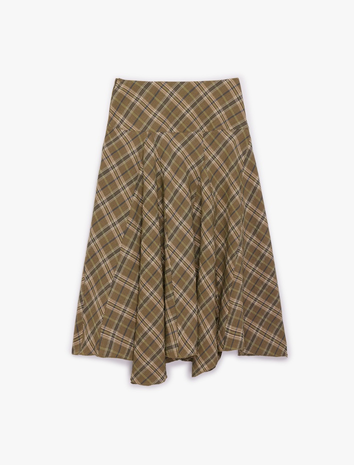  Viskon Karışımlı Asimetrik Kesim Midi Ekose Etek