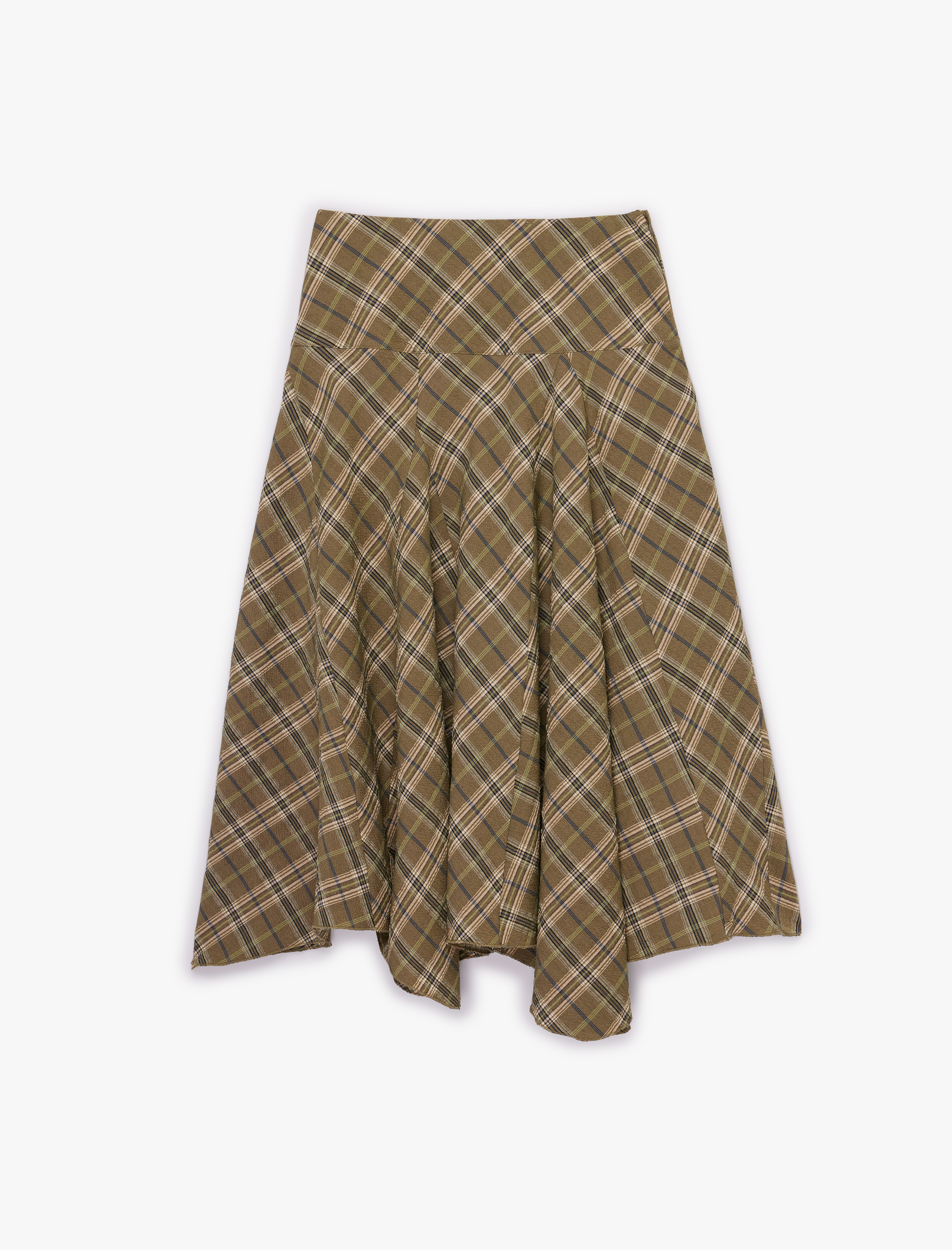   Viskon Karışımlı Asimetrik Kesim Midi Ekose Etek