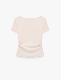 Pamuklu Drape Detaylı Kısa Kollu Bisiklet Yaka Tişört