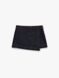 Rahat Kalıp Fermuarlı Asimetrik Denim Mini Şort Etek