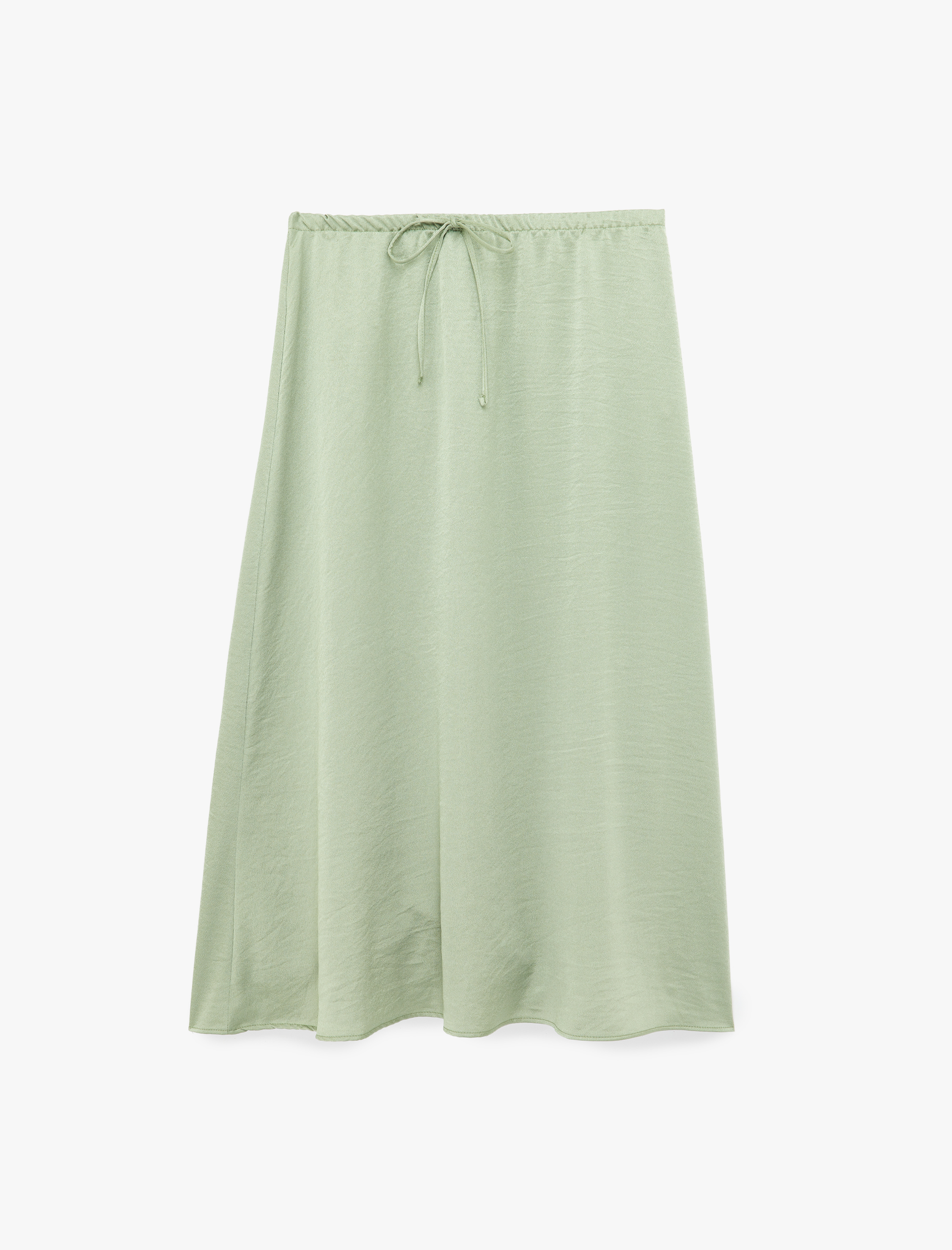   Beli Bağlamalı Dokulu Saten Midi Etek