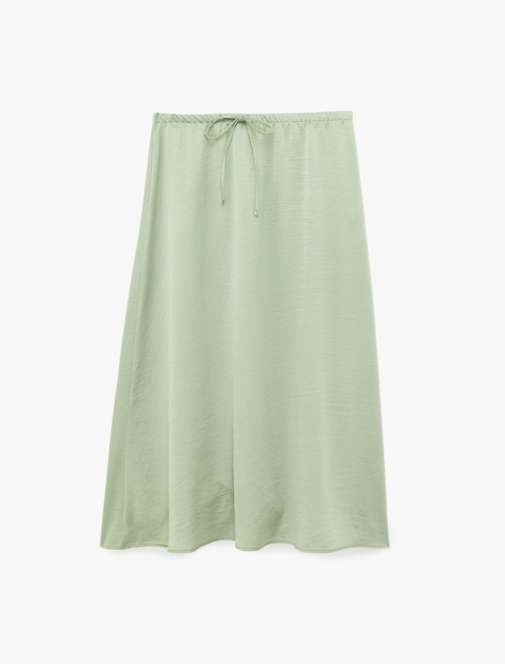  Beli Bağlamalı Dokulu Saten Midi Etek