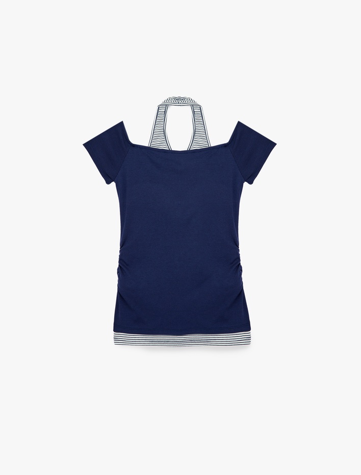  Slim Fit Atlet Detaylı Kısa Kollu Viskon Karışımlı Omzu Açık Tişört