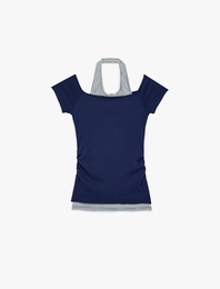 Slim Fit Atlet Detaylı Kısa Kollu Viskon Karışımlı Omzu Açık Tişört