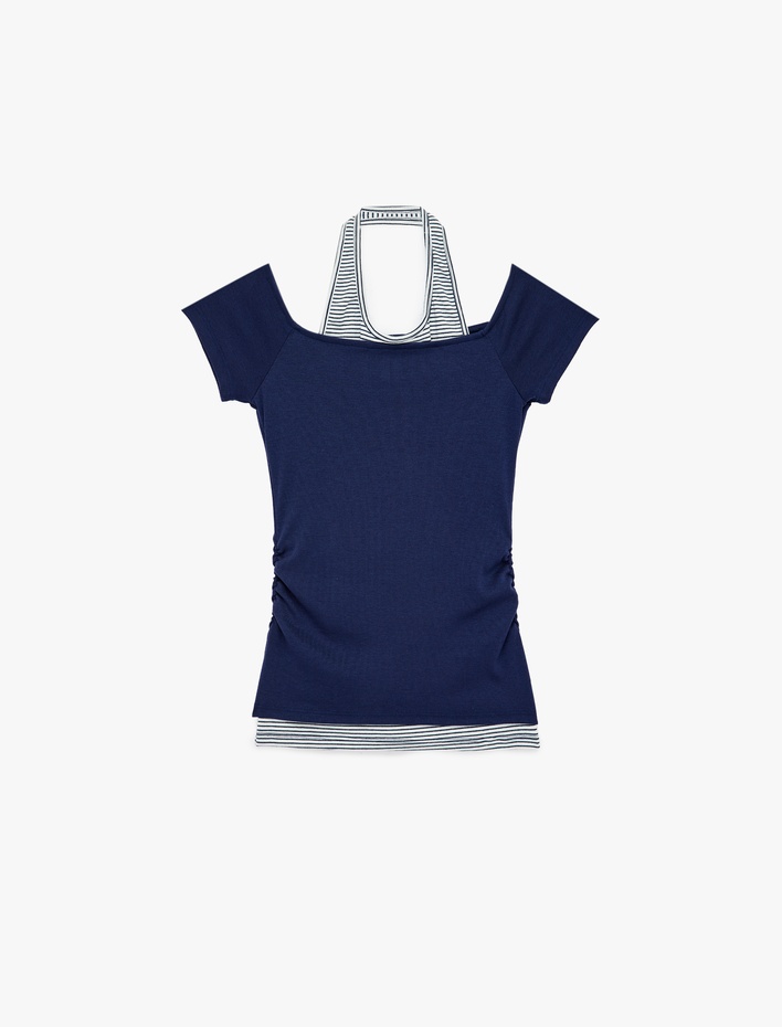  Slim Fit Atlet Detaylı Kısa Kollu Viskon Karışımlı Omzu Açık Tişört