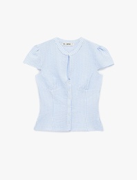 Gofre Kumaş Slim Fit Düğmeli Kısa Kollu Pencere Detaylı Hakim Yaka Gömlek