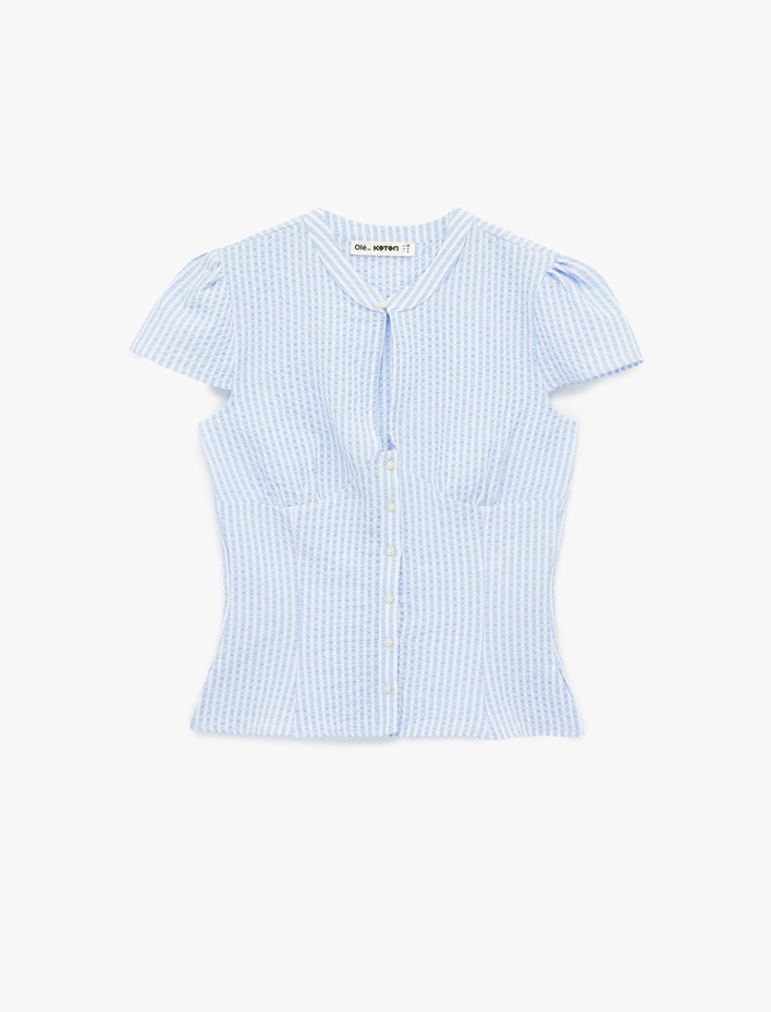  Gofre Kumaş Slim Fit Düğmeli Kısa Kollu Pencere Detaylı Hakim Yaka Gömlek