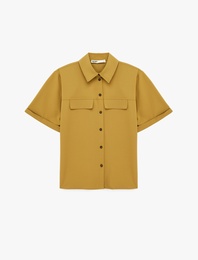 Viskon Karışımlı Düğmeli Cep Detaylı Kısa Kollu Gömlek Yaka Bluz