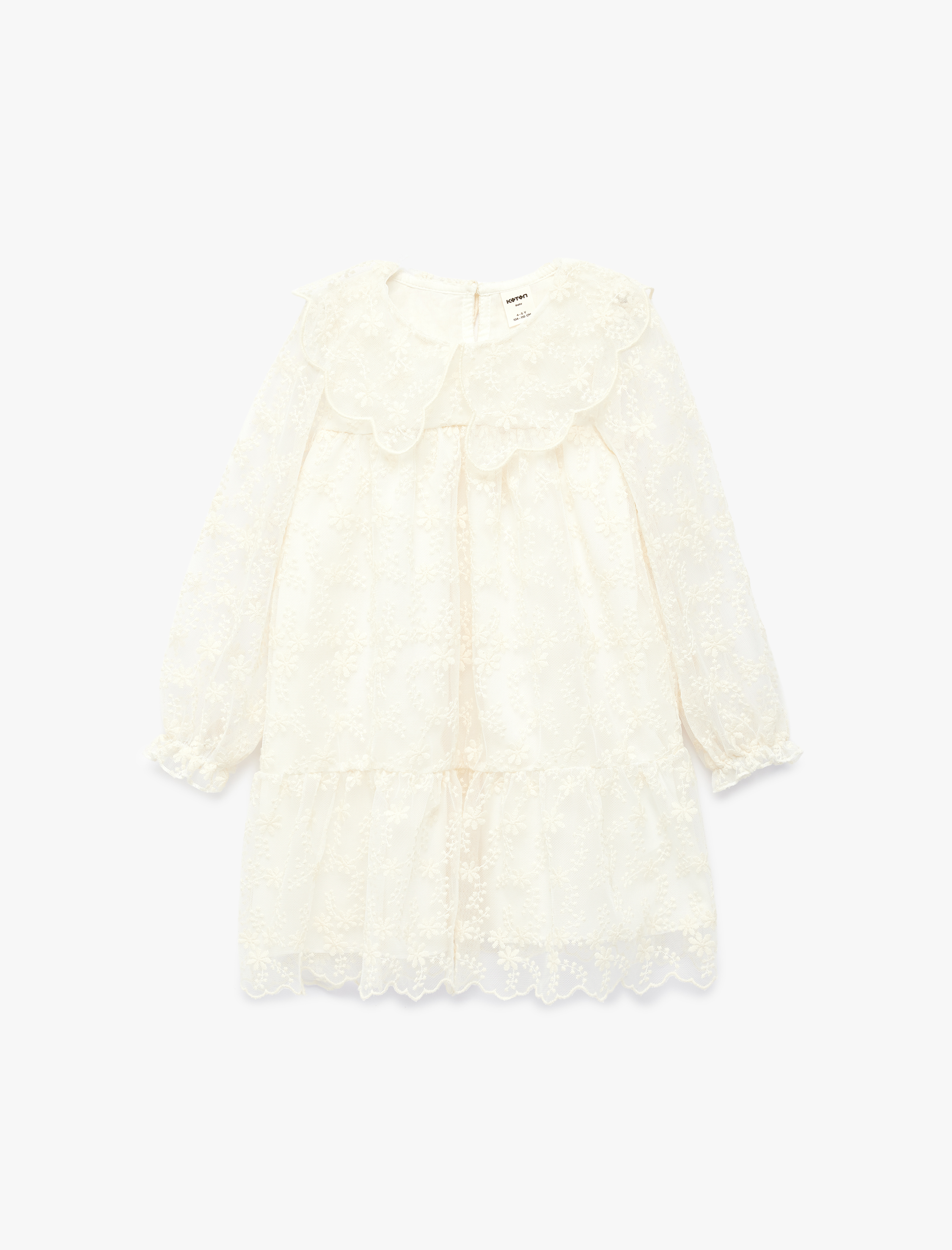  Kız Bebek Balon Kollu Bebe Yaka Brodeli Tüllü Elbise