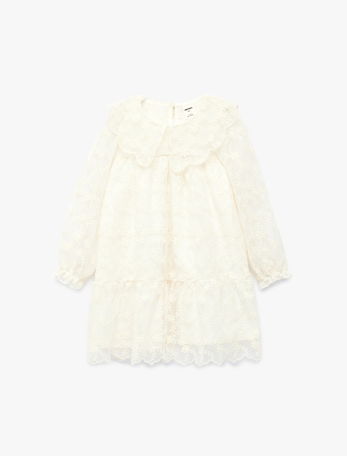 Kız Bebek Balon Kollu Bebe Yaka Brodeli Tüllü Elbise