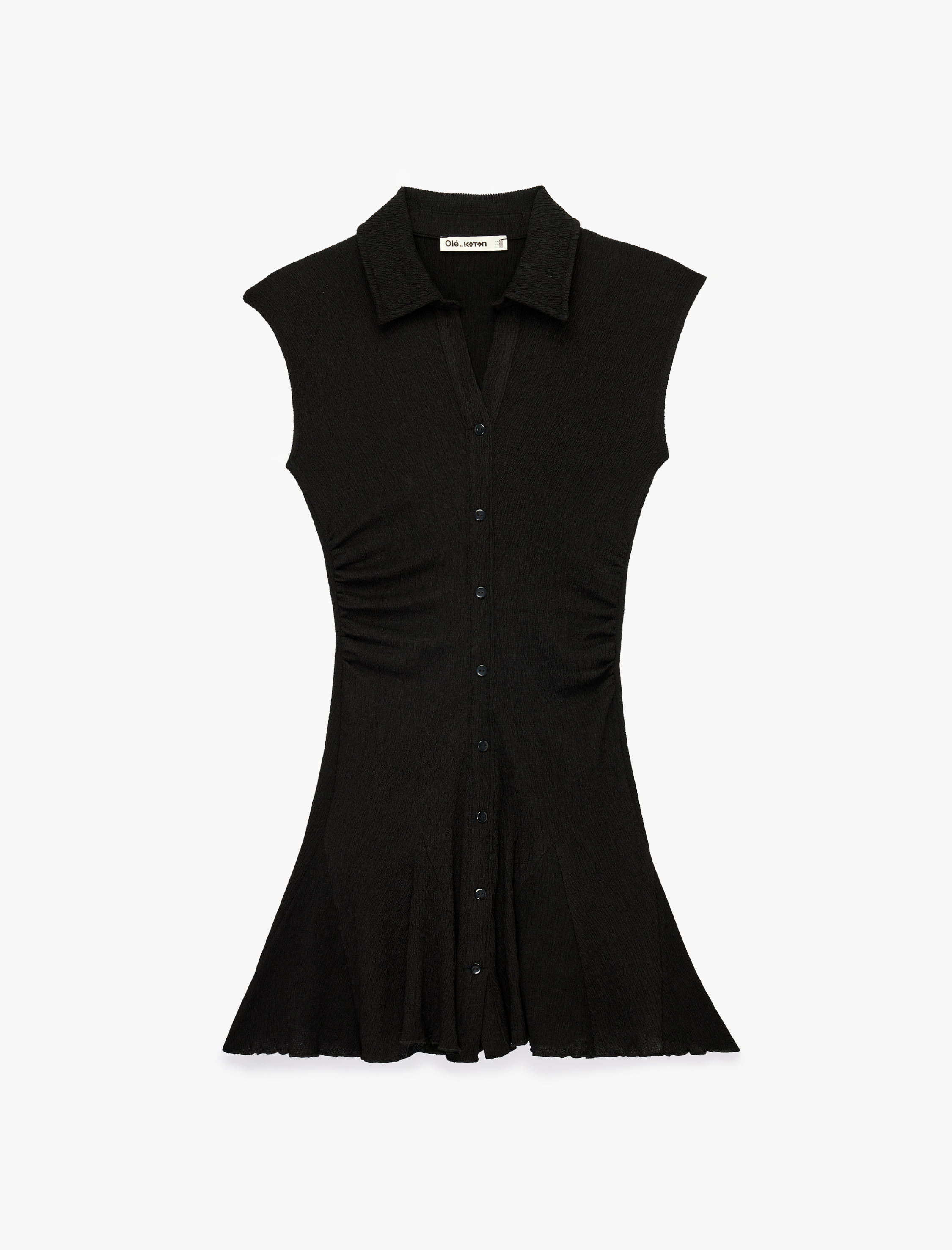   Düğmeli Büzgülü Volanlı Kolsuz Viskon Karışımlı Mini Gömlek Elbise