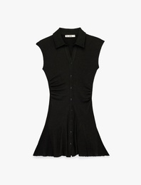 Düğmeli Büzgülü Volanlı Kolsuz Viskon Karışımlı Mini Gömlek Elbise