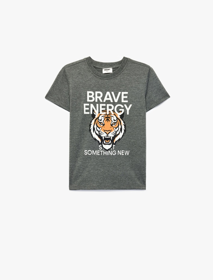 Erkek Çocuk Kısa Kollu Bisiklet Yaka Kaplan Baskılı Tişört