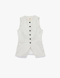 Cepli Bisiklet Yaka Düğmeli Viskon Karışımlı Çizgili Kolsuz Yelek