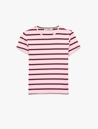 Çizgili Pamuklu Bisiklet Yaka Kısa Kollu Slim Fit Tişört