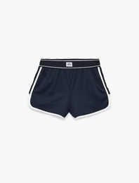 Biyeli Etiket Baskılı Yüksek Bel Rahat Kalıp Spor Şort