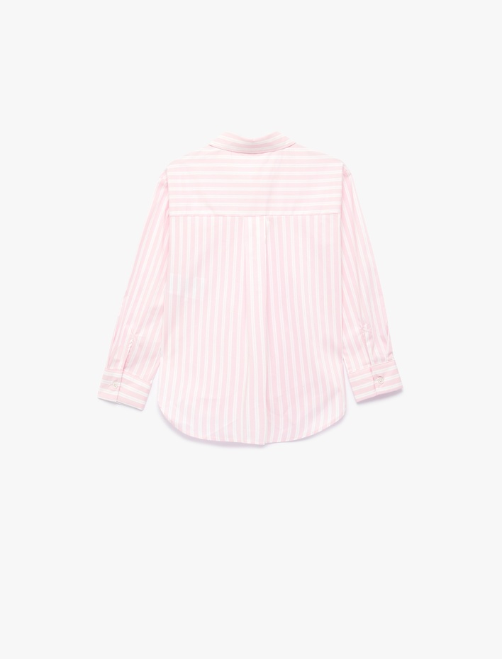 Kız Çocuk Pamuklu Uzun Kollu Klasik Yaka Cep Detaylı Çizgili Gömlek