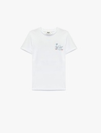 Pamuklu Bisiklet Yaka Kısa Kollu Arkası Baskılı Tişört