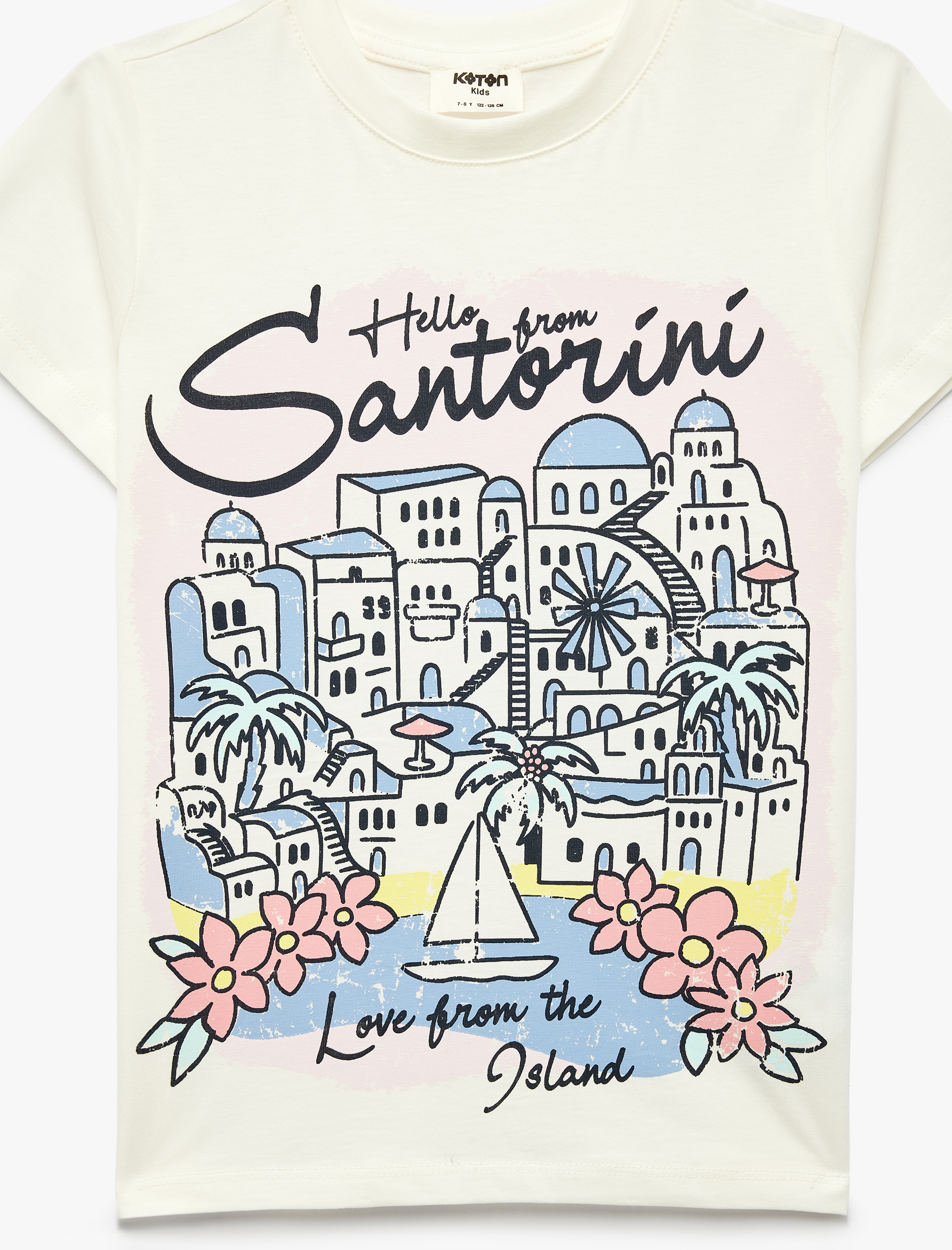  Kız Çocuk Pamuklu Bisiklet Yaka Kısa Kollu Baskılı Tişört