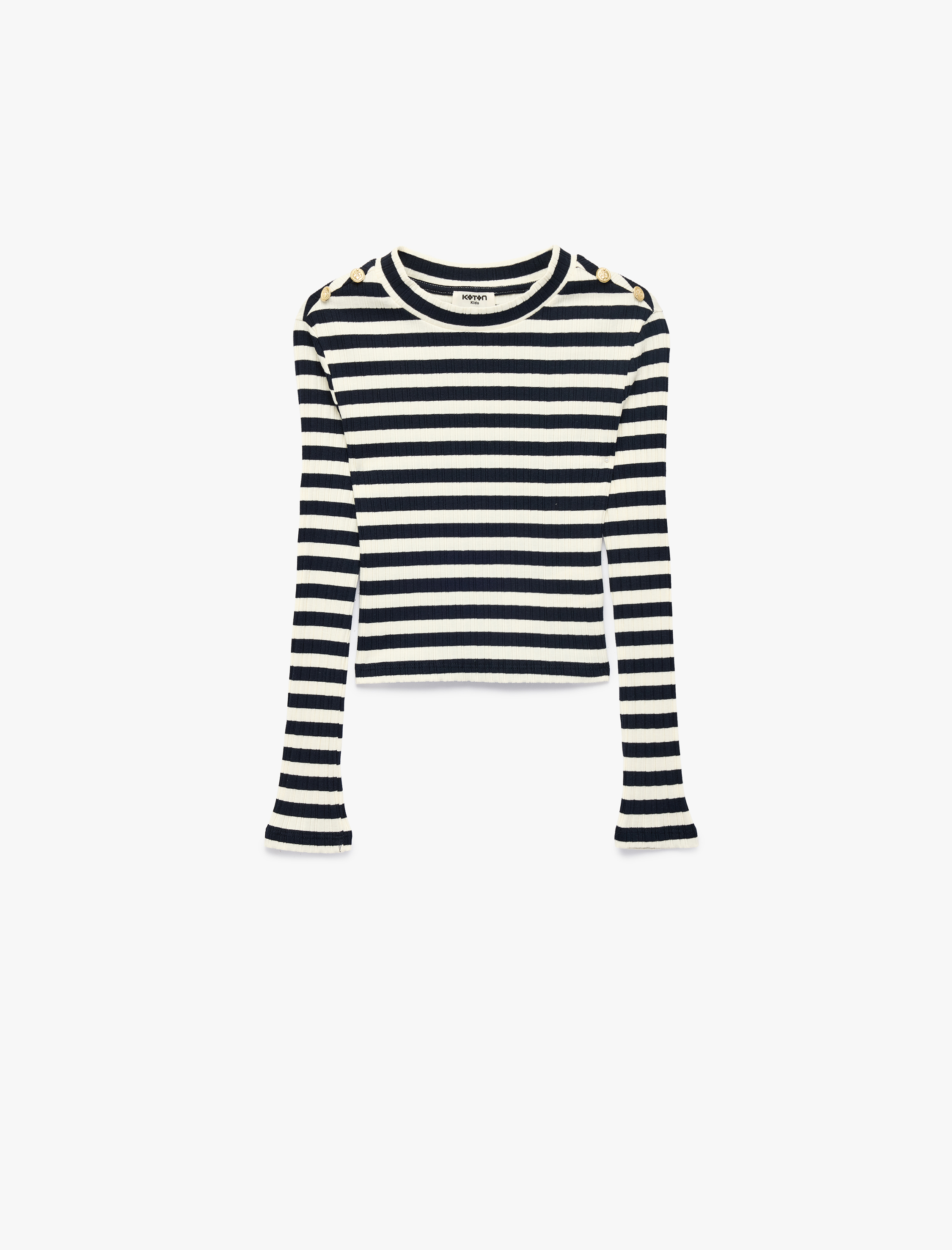  Kız Çocuk Pamuklu Uzun Kollu Bisiklet Yaka Slim Fit Çizgili Tişört