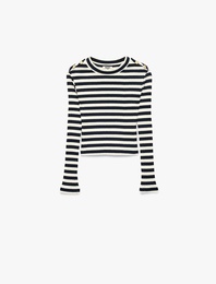 Pamuklu Uzun Kollu Bisiklet Yaka Slim Fit Çizgili Tişört