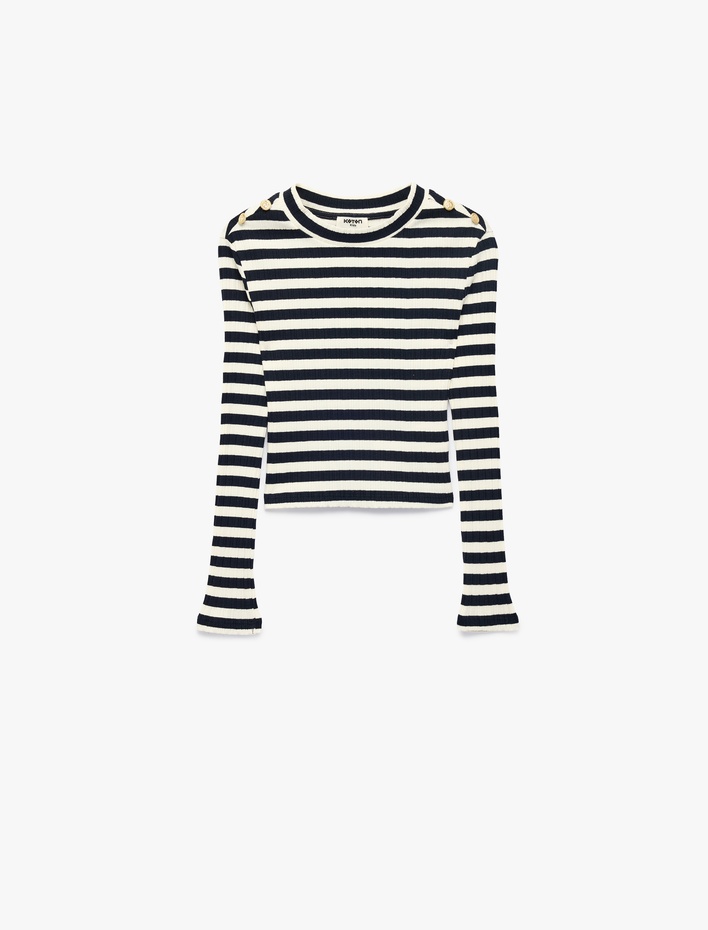 Kız Çocuk Pamuklu Uzun Kollu Bisiklet Yaka Slim Fit Çizgili Tişört