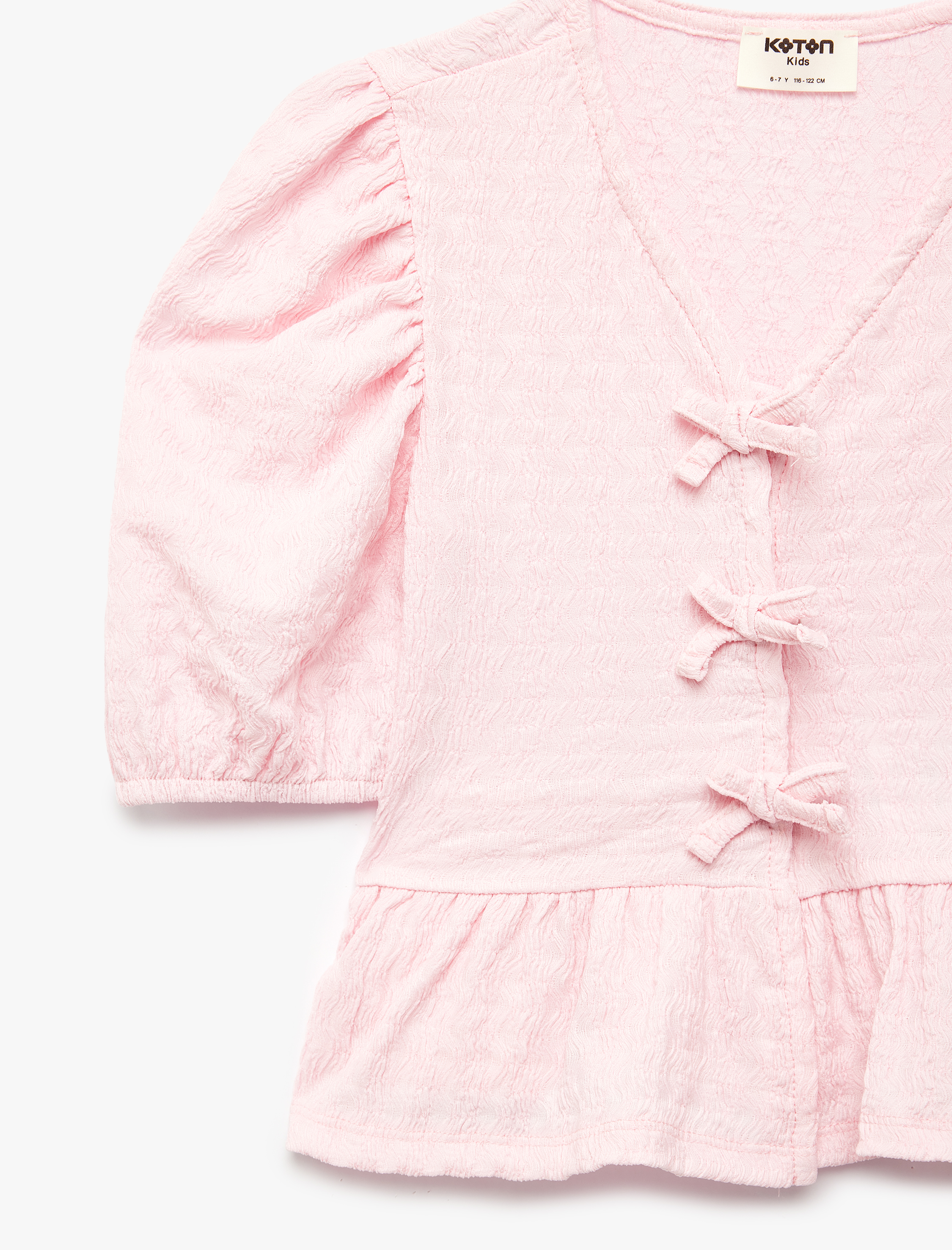  Kız Çocuk Fiyonk Detaylı Balon Kollu V Yaka Bluz