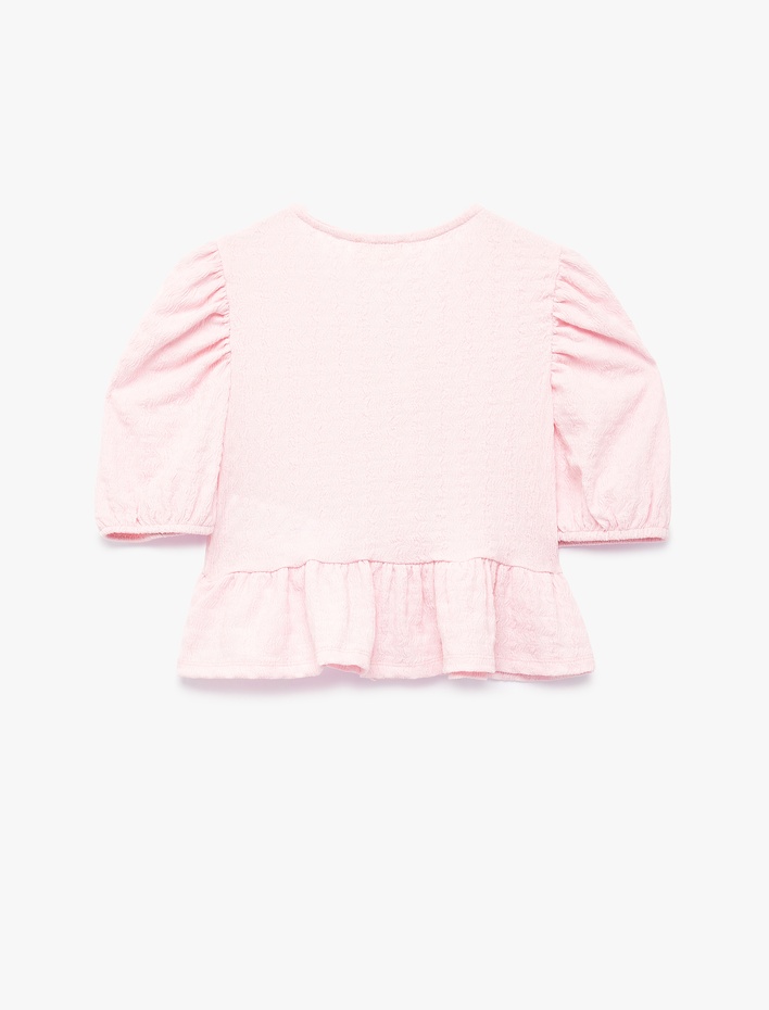 Kız Çocuk Fiyonk Detaylı Balon Kollu V Yaka Bluz