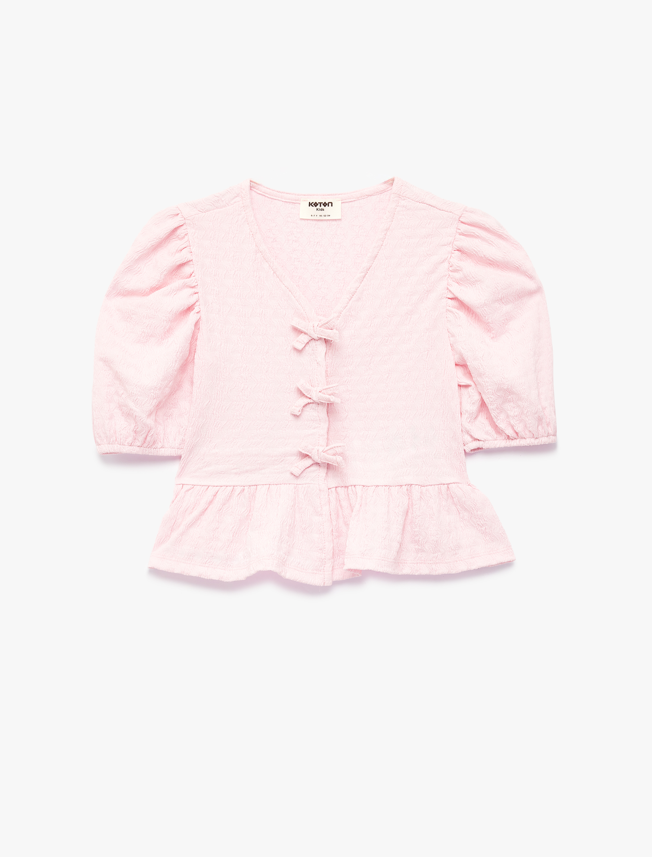  Kız Çocuk Fiyonk Detaylı Balon Kollu V Yaka Bluz