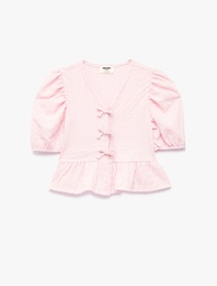 Fiyonk Detaylı Balon Kollu V Yaka Bluz