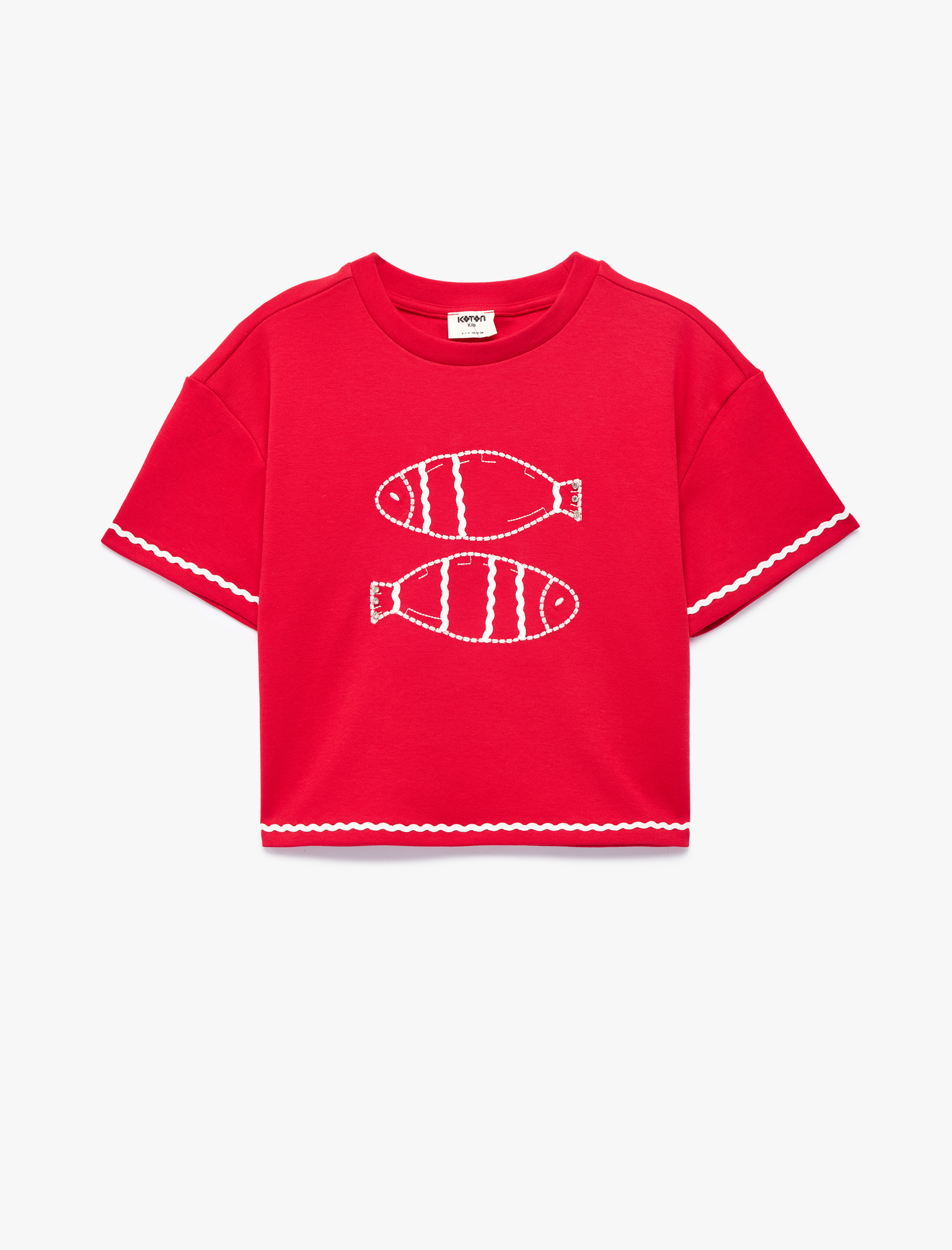  Kız Çocuk Balık Baskılı Bisiklet Yaka Kısa Kollu Pamuklu Tişört