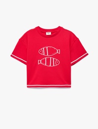 Balık Baskılı Bisiklet Yaka Kısa Kollu Pamuklu Tişört