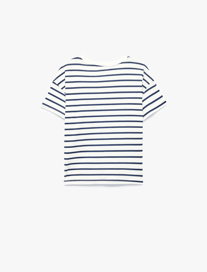 Kız Bebek Pamuklu Kısa Kollu Bisiklet Yaka Baskılı Çizgili Tişört