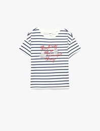 Pamuklu Kısa Kollu Bisiklet Yaka Baskılı Çizgili Tişört