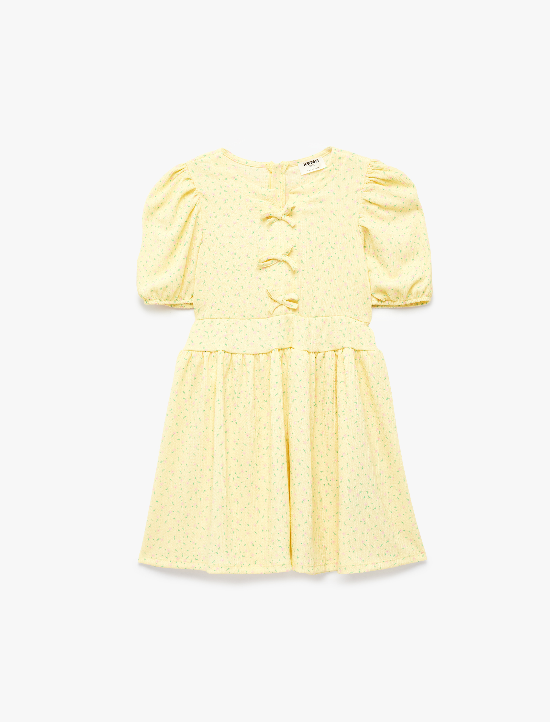  Kız Çocuk Balon Kollu Bisiklet Yaka Fiyonklu Elbise