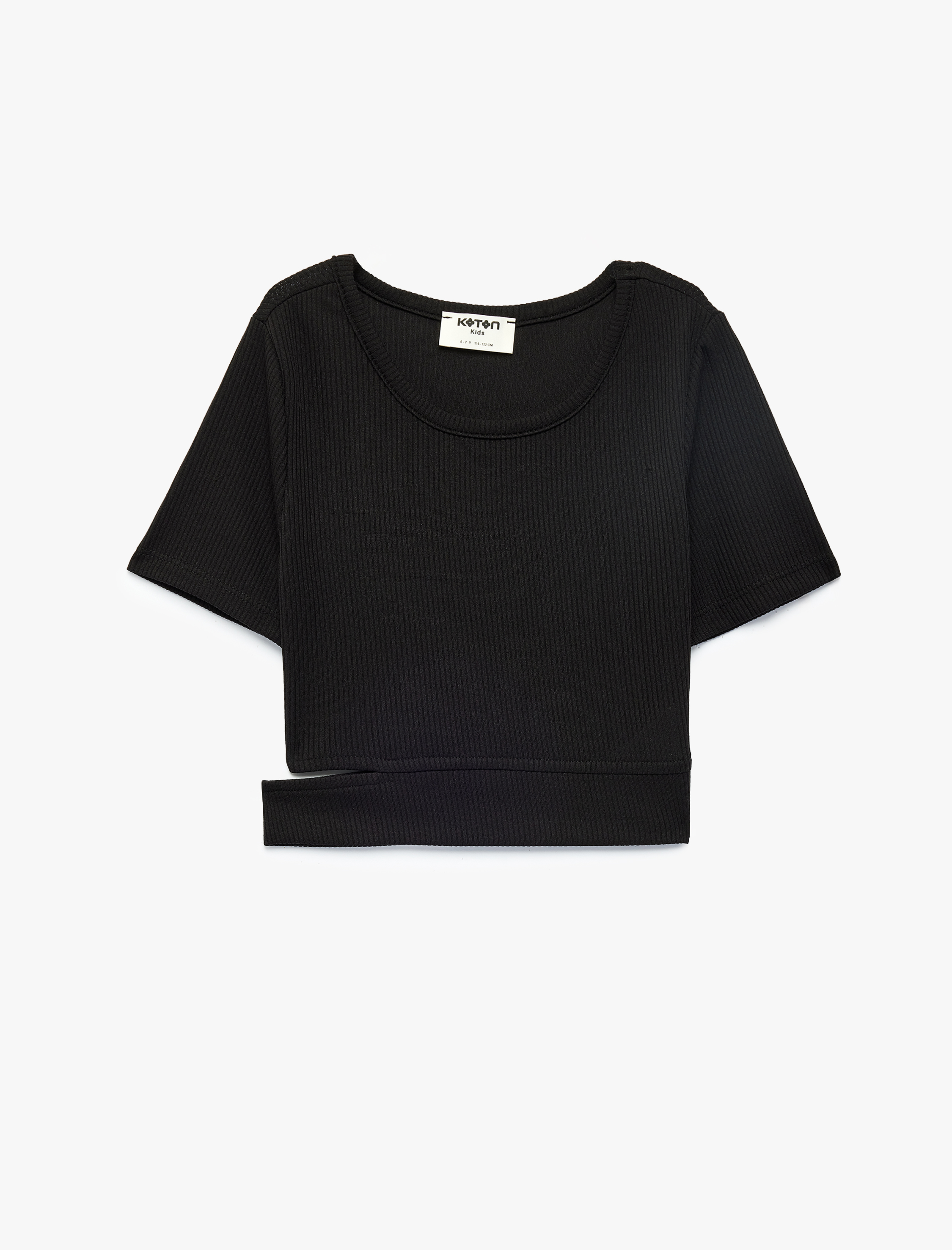  Kız Çocuk Pencere Detaylı Kısa Kollu Bisiklet Yaka Crop Tişört