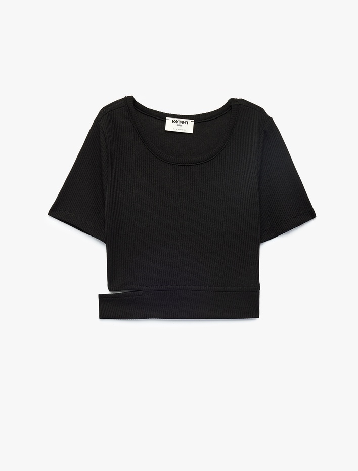 Kız Çocuk Pencere Detaylı Kısa Kollu Bisiklet Yaka Crop Tişört