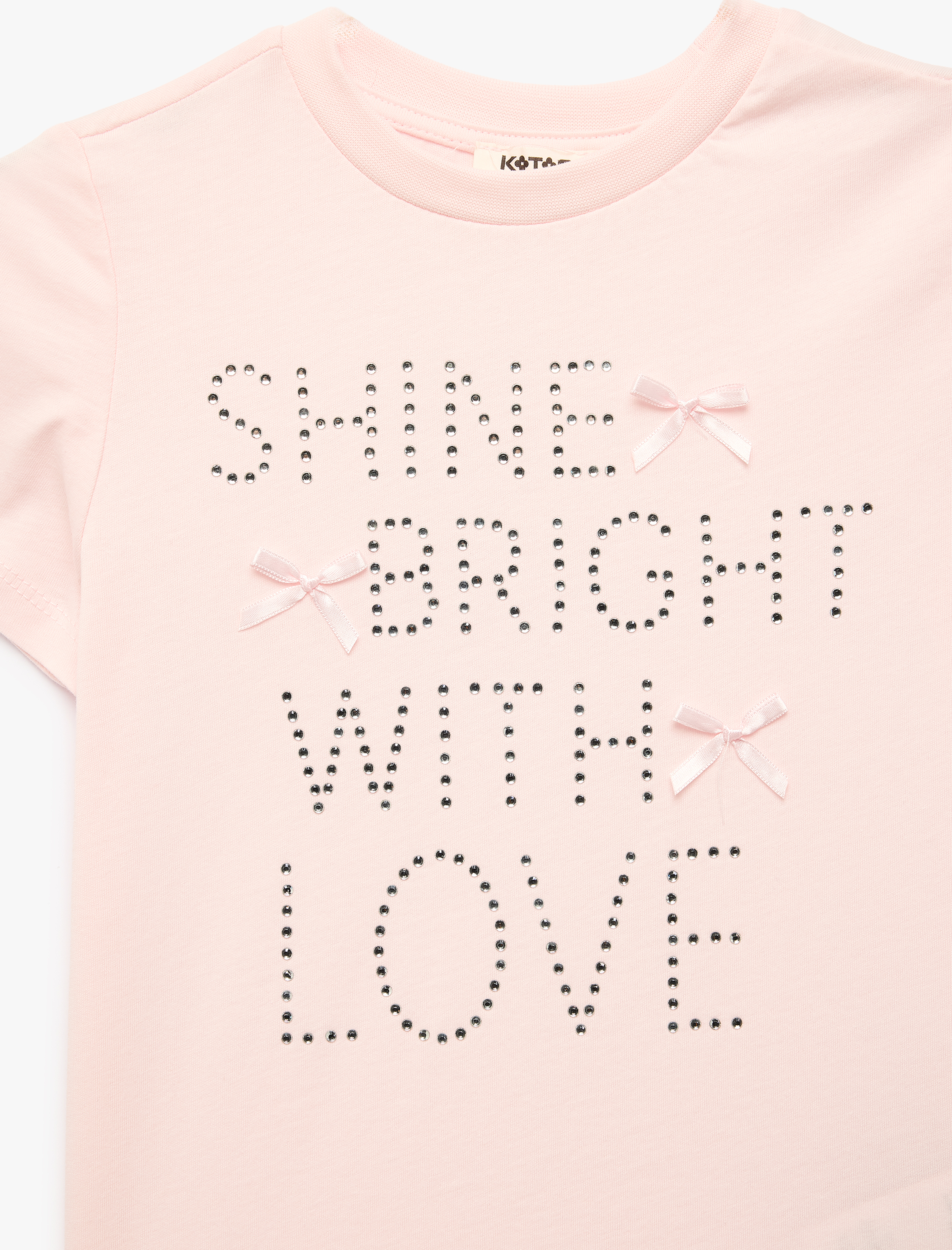  Kız Çocuk Fiyonk Detaylı Baskılı Bisiklet Yaka Kısa Kollu Pamuklu Tişört